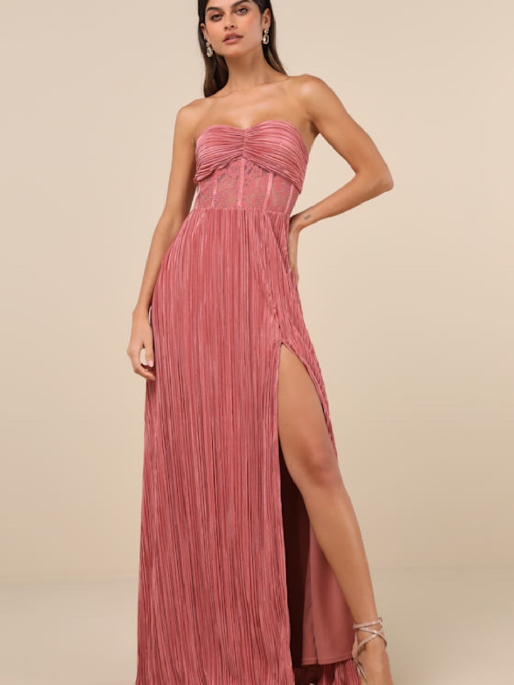 Lulus Desme Rose Pink Satin Plisse Strapless Maxi Dress - Size M